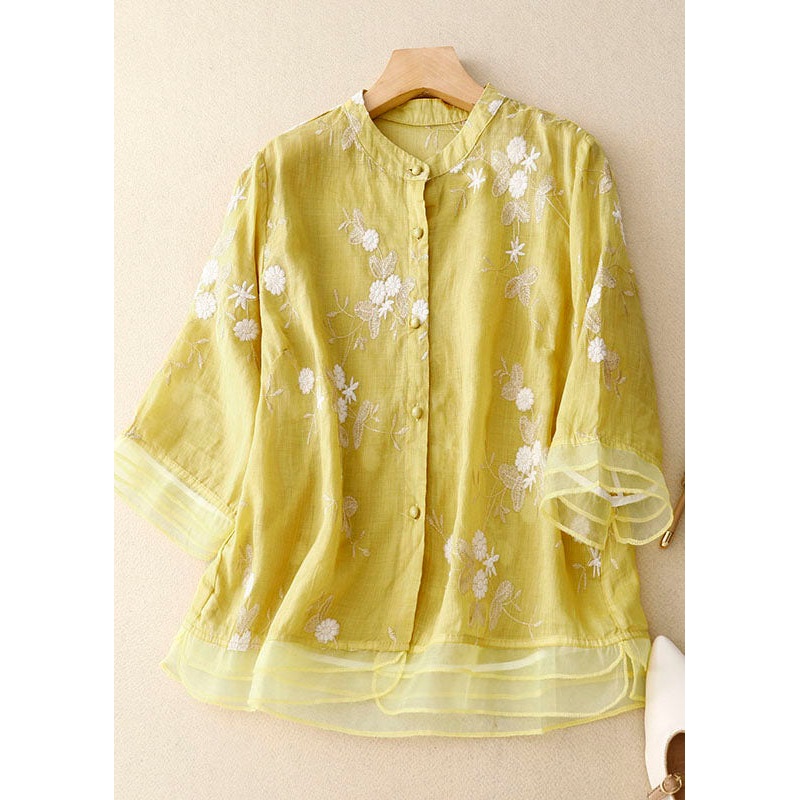 Vintage Yellow Stand Collar Embroideried Patchwork Cotton Shirts Bracelet Sleeve