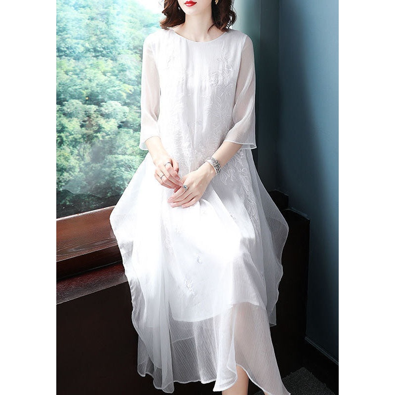 White Chiffon Long Dress Embroideried Asymmetrical Design Summer