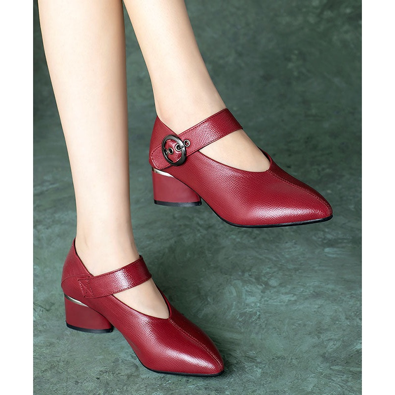 Wine Red Buckle Strap Splicing Chunky Heel Faux Leather Pointed Toe