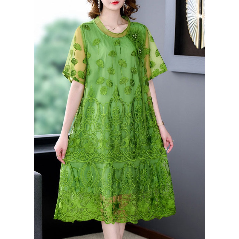 Women Green Embroideried Patchwork Tulle Dresses Short Sleeve