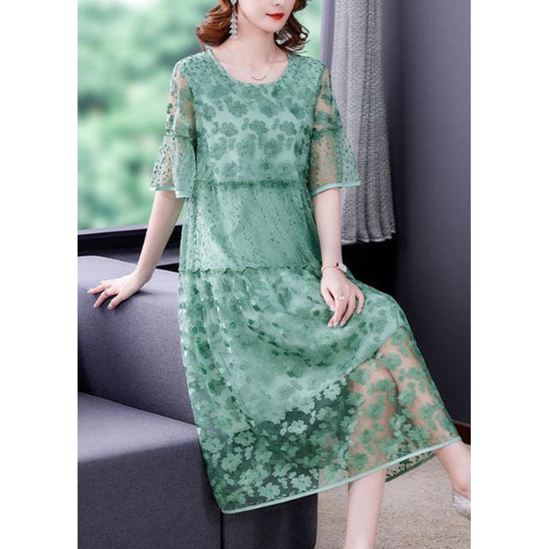 Women Green Embroideried Patchwork Tulle Holiday Dress Summer