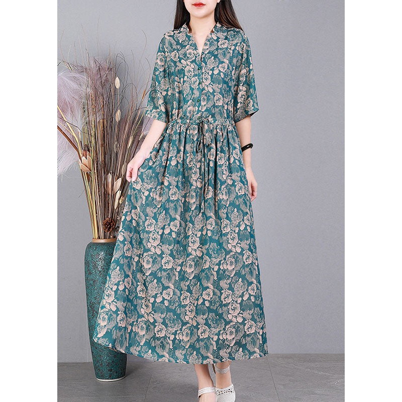 Women Green V Neck Drawstring Print Silk Long Dress Short Sleeve