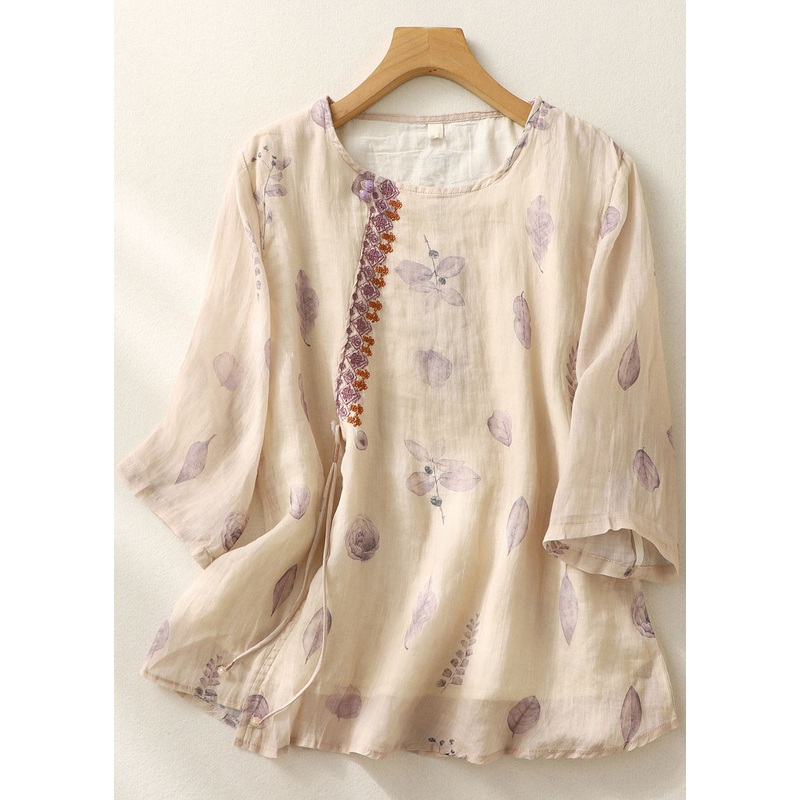 Women Light Purple Print Tasseled Patchwork Cotton Shirt Bracelet Sleeve