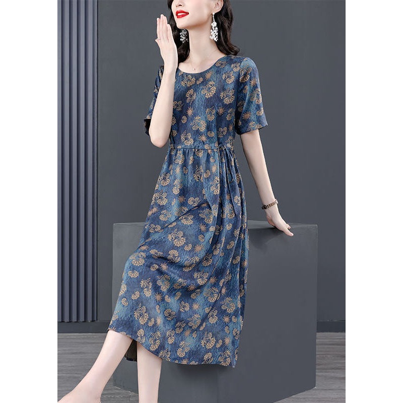 Women Navy Tie Waist Print Silk Robe Dresses Summer