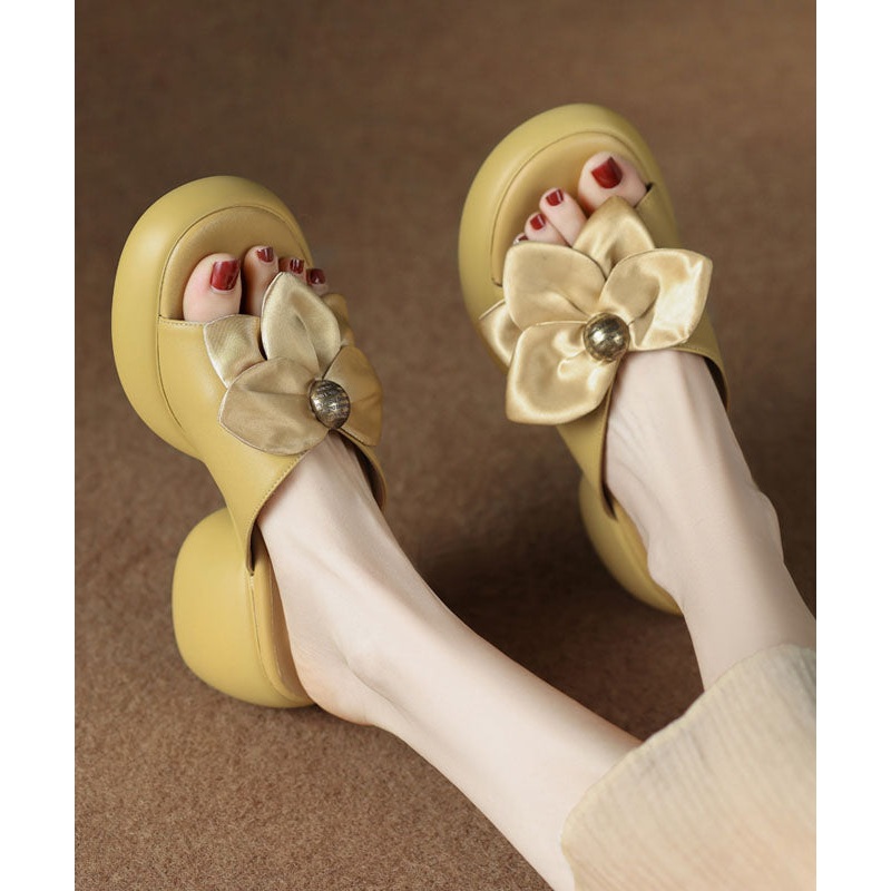 Yellow Faux Leather Boho Bow Splicing Chunky Slide Sandals