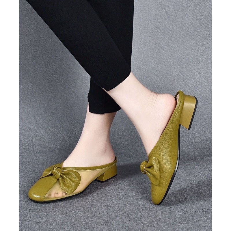 Yellow Slide Sandals Chunky Faux Leather Fashion Tulle Splicing Bow