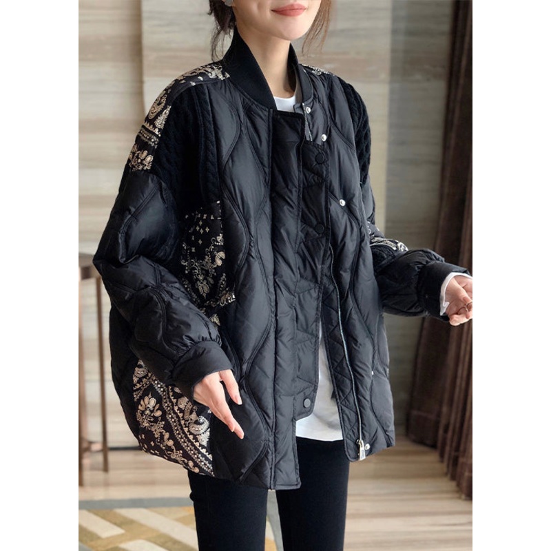 Art Black Stand Collar Print Patchwork Zippered Button Duck Down Down Coat Winter