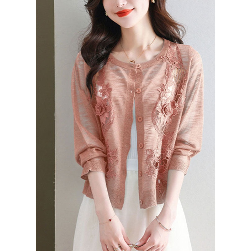 Art Brick Red O-Neck Ice Size Knit Cardigans Summer