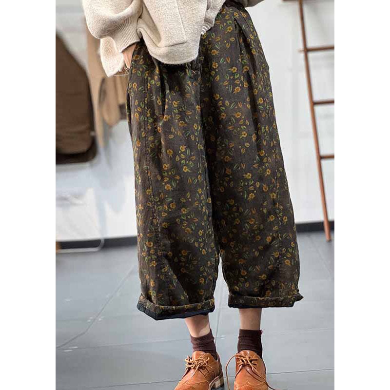 Art Green Elastic Waist Print Fine Cotton Filled Wide Leg Pants Winter