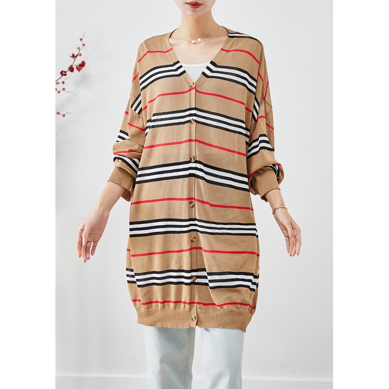 Art Khaki Oversized Striped Knit Cardigans Batwing Sleeve