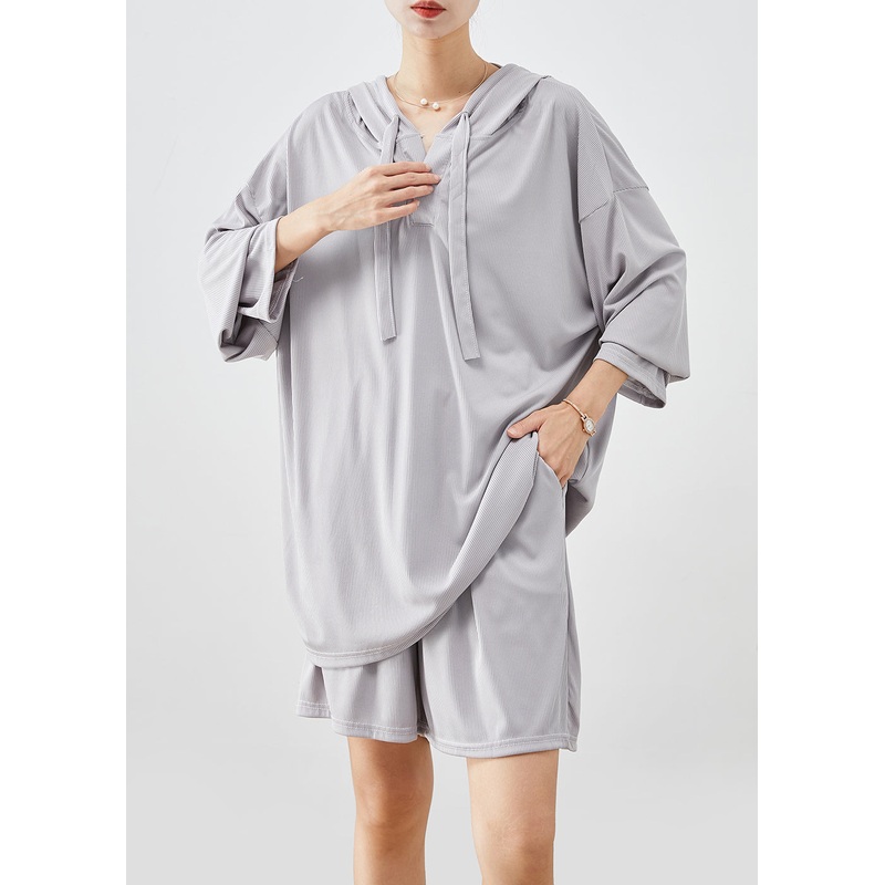 Art Light Grey Hooded Drawstring Sweatshirt Two Pieces Set Summer