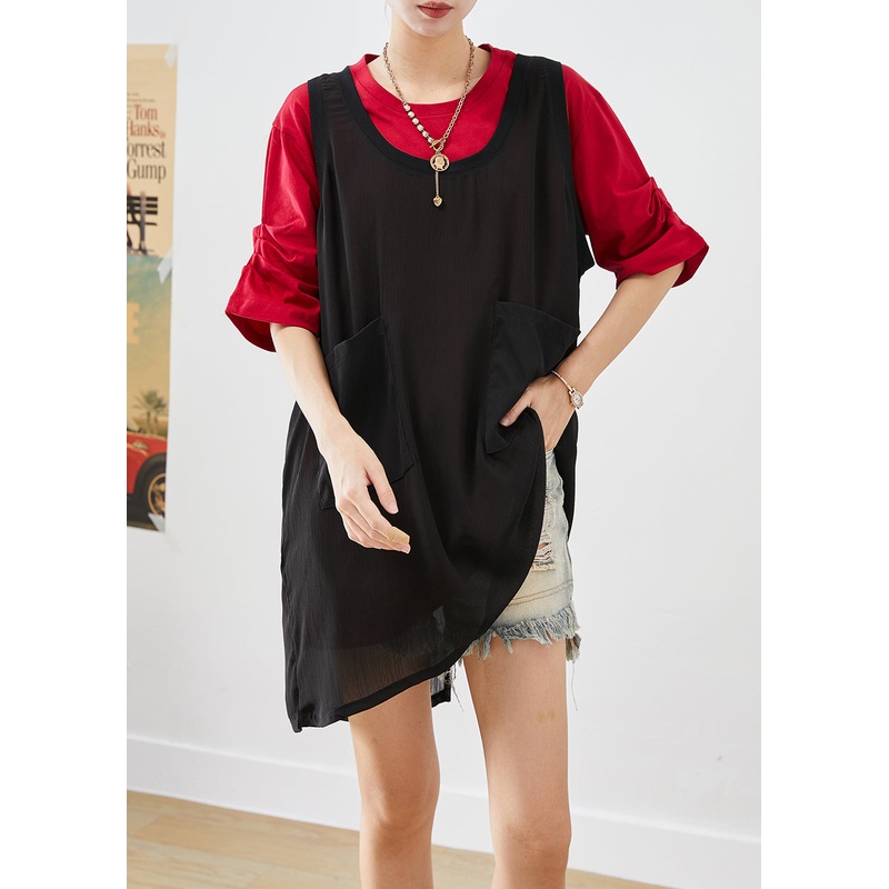 Art Red Oversized Pockets Tulle Vest And Tank Two Pieces Set Summer