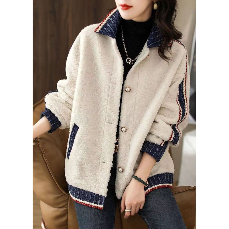 Art White Peter Pan Collar Pockets Patchwork Faux Fur Jackets Fall