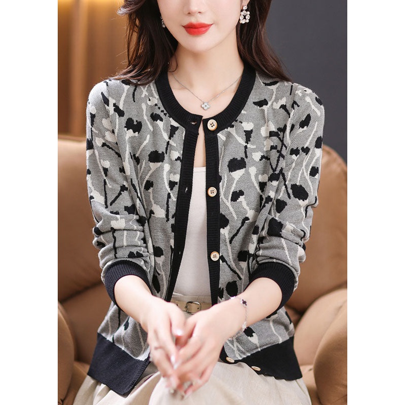 Beautiful Black Print Patchwork Knit Cardigan Long Sleeve