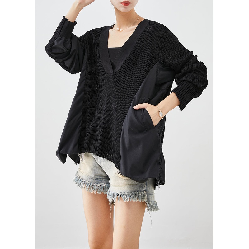Beautiful Black V Neck Patchwork Wrinkled Knit Tops Batwing Sleeve