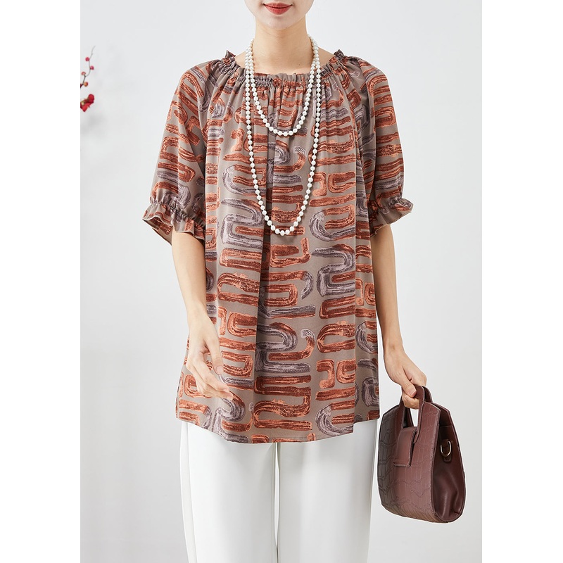 Beautiful Khaki Oversized Print Chiffon Blouse Tops Summer