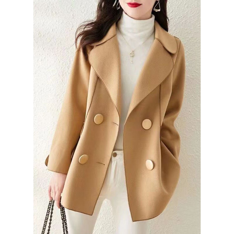 Beautiful Khaki Peter Pan Collar Button Patchwork Woolen Coat Fall