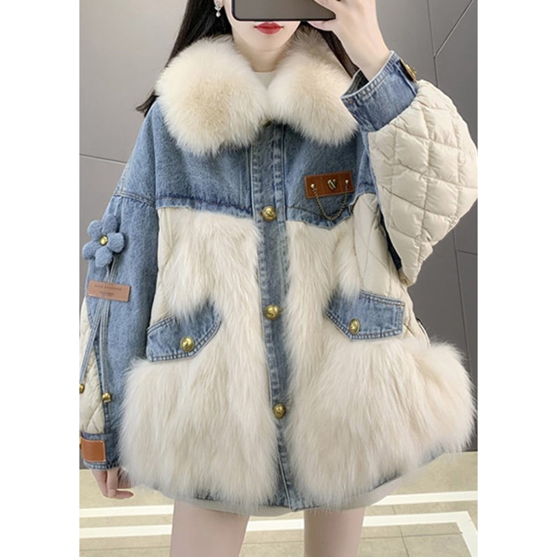 Beige Fox collar Denim Patchwork Button Down Coats Winter