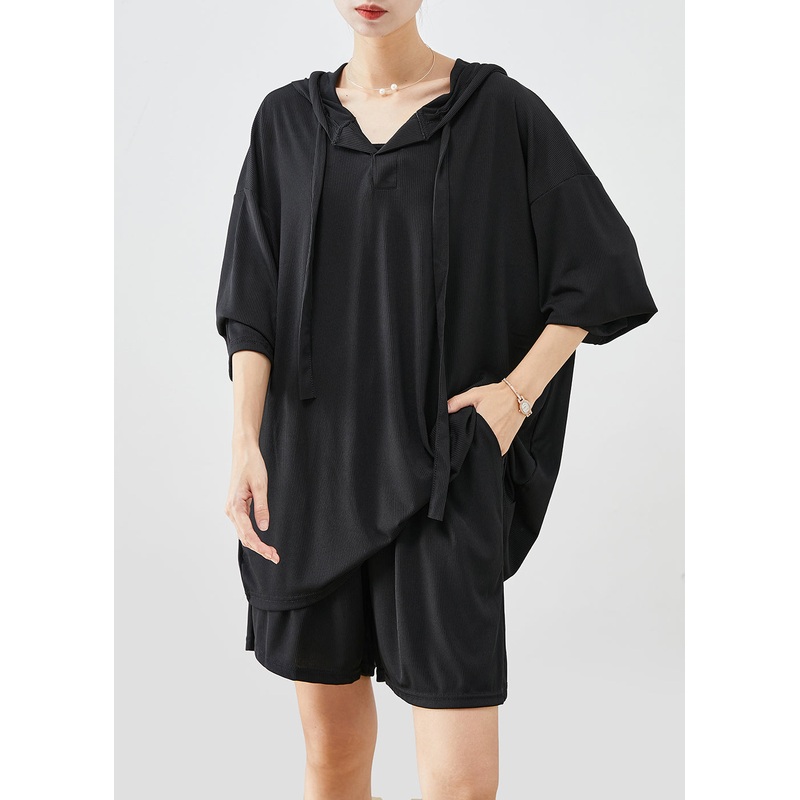 Black Oversized Pullover Sweatshirt Two Piece Suit Set Hooded Summer