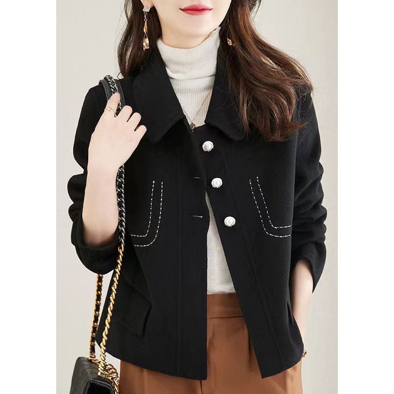 Black Patchwork Woolen Coat Peter Pan Collar Button Fall