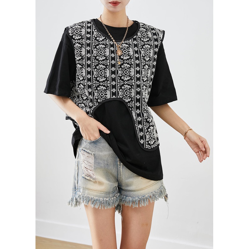 Black Tulle Vest And Tank Two Piece Set Asymmetrical Embroideried Summer