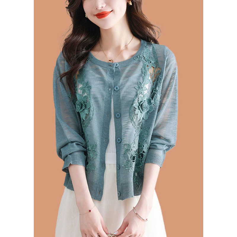Blue Hollow Out Ice Size Knit Cardigans Long Sleeve