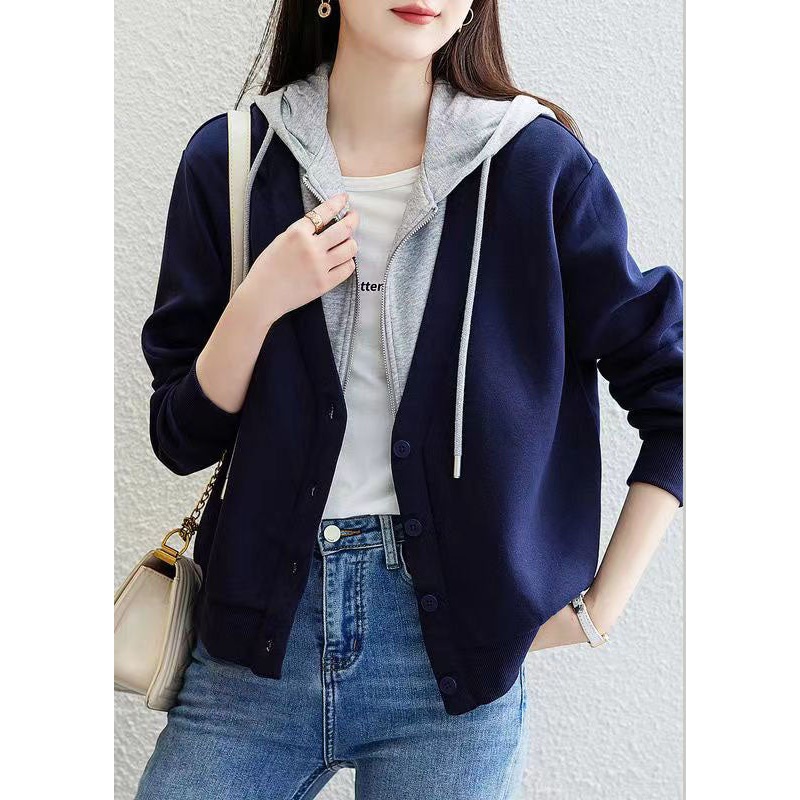 Blue Patchwork False Two Pieces Cotton Hoodie Coat Zip Up Fall