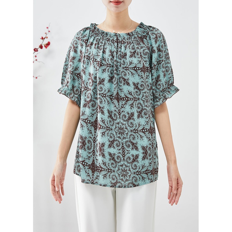 Blue Print Chiffon Shirt Tops Oversized Summer
