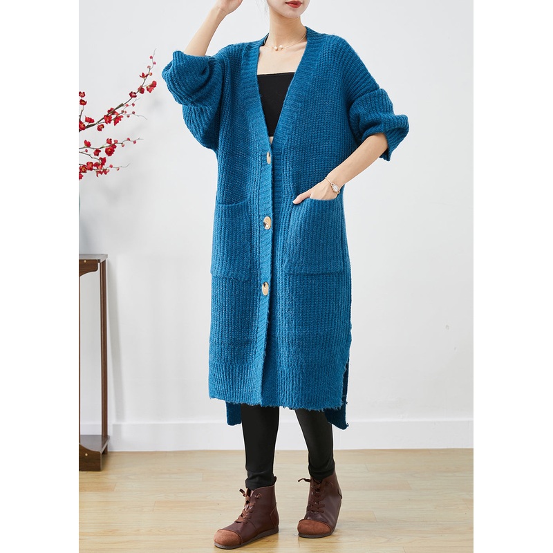 Blue Thick Knit Loose Coat Oversized Pockets Fall
