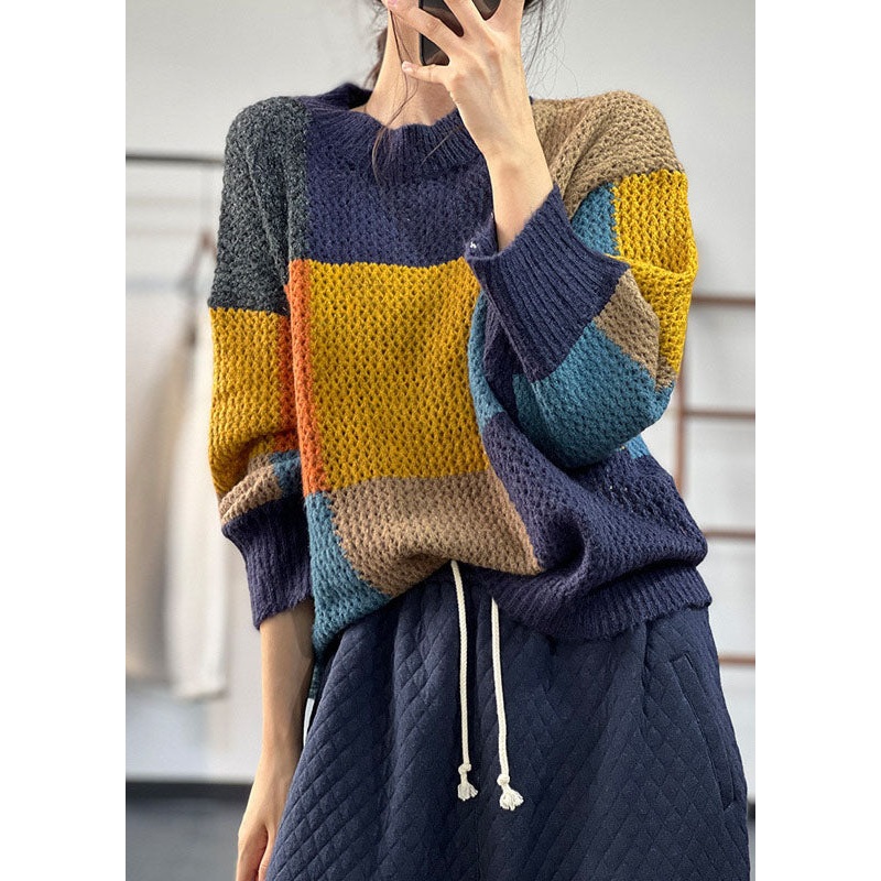 Blue Warm Patchwork Knitted Tops O-Neck Oversized Winter