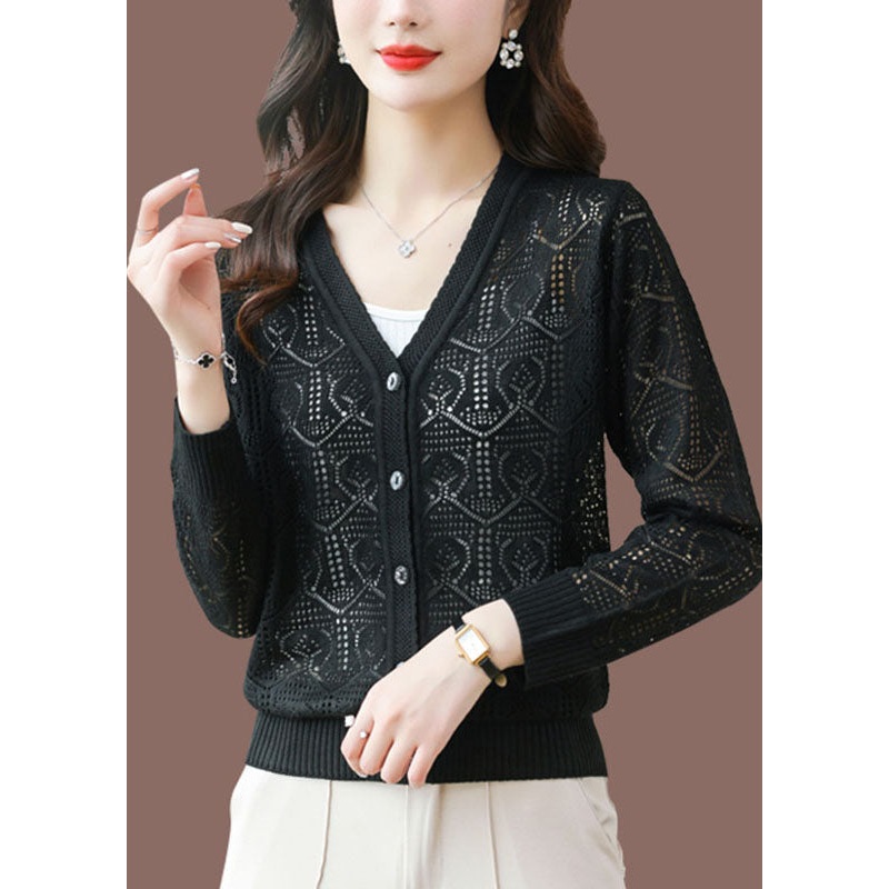 Bohemian Black V Neck Solid Ice Size Knit Cardigans Summer