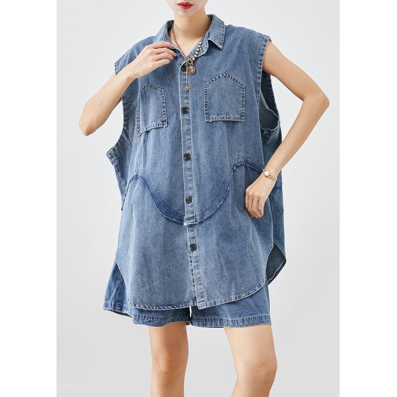 Bohemian Blue Oversized Patchwork Denim Two Piece Set Outfits Sleeveless