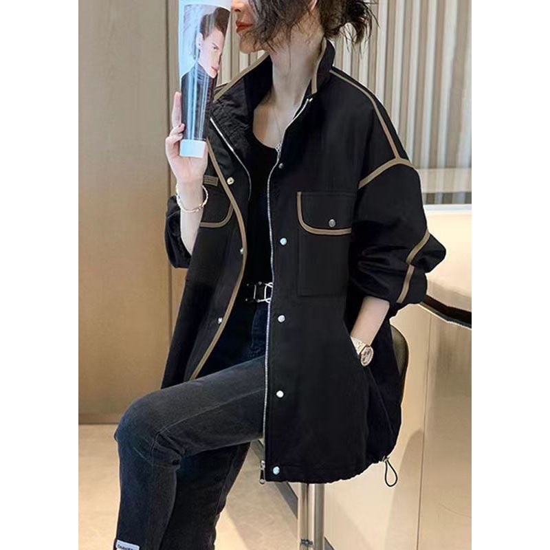 Boutique Black Stand Collar Zip Up Pockets Patchwork Cotton Jacket Fall