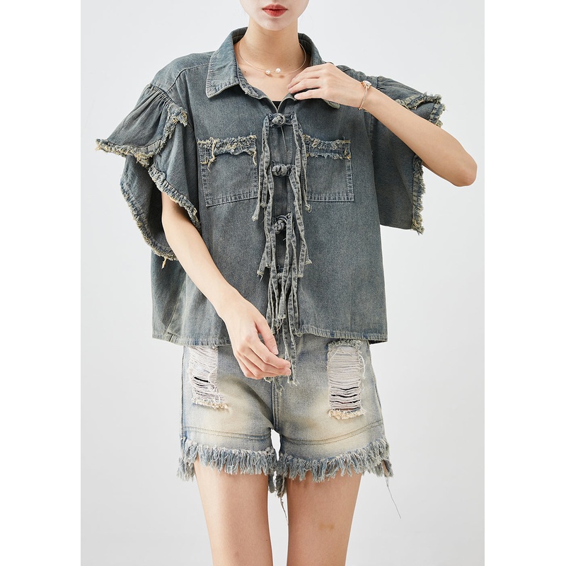 Boutique Blue Grey Chinese Button Denim Shirt Top Butterfly Sleeve