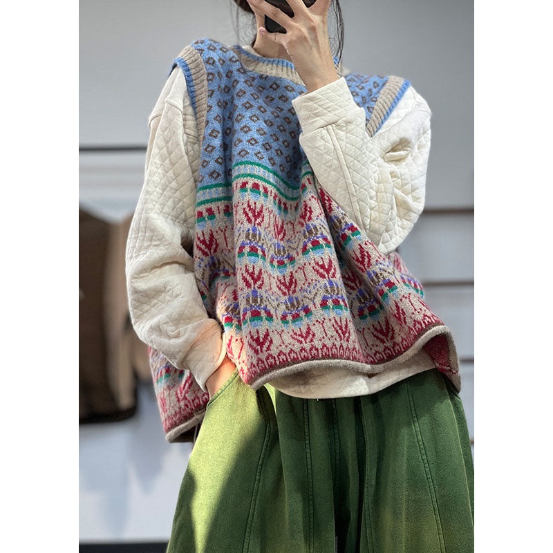 Boutique Blue Oversized Print Wool Knit Vest Tops Sleeveless