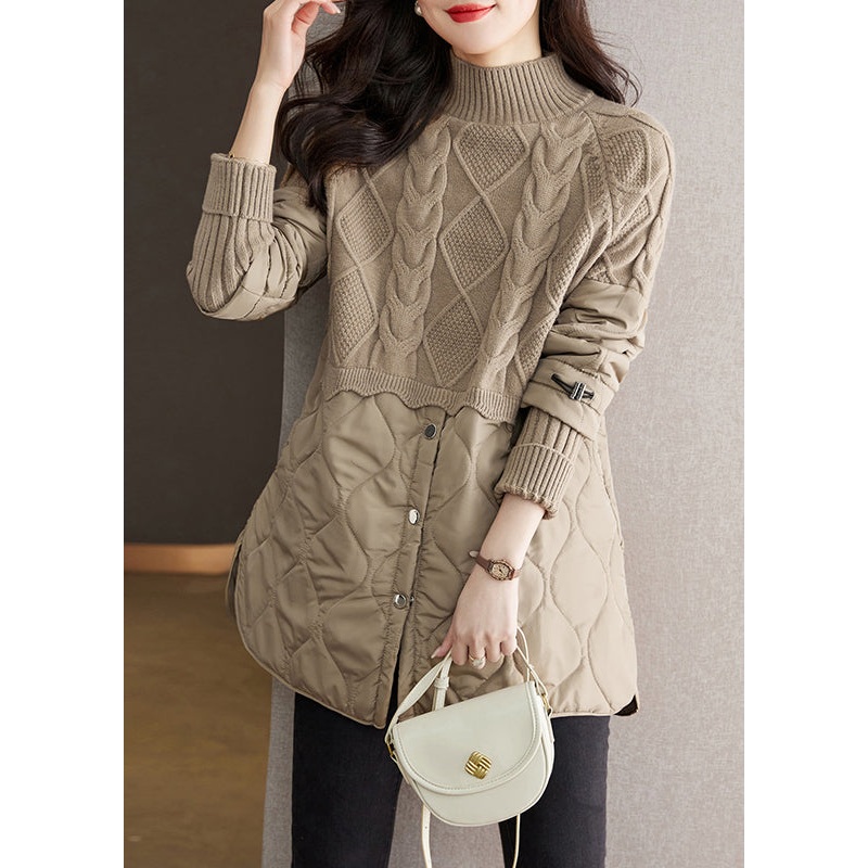 Boutique Camel Turtleneck Patchwork Button Thick Cable Knit Sweaters Fall