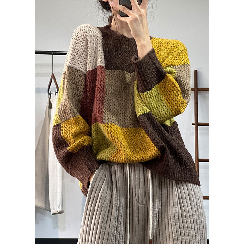 Boutique Khaki O-Neck Thick Patchwork Knit Sweater Winter