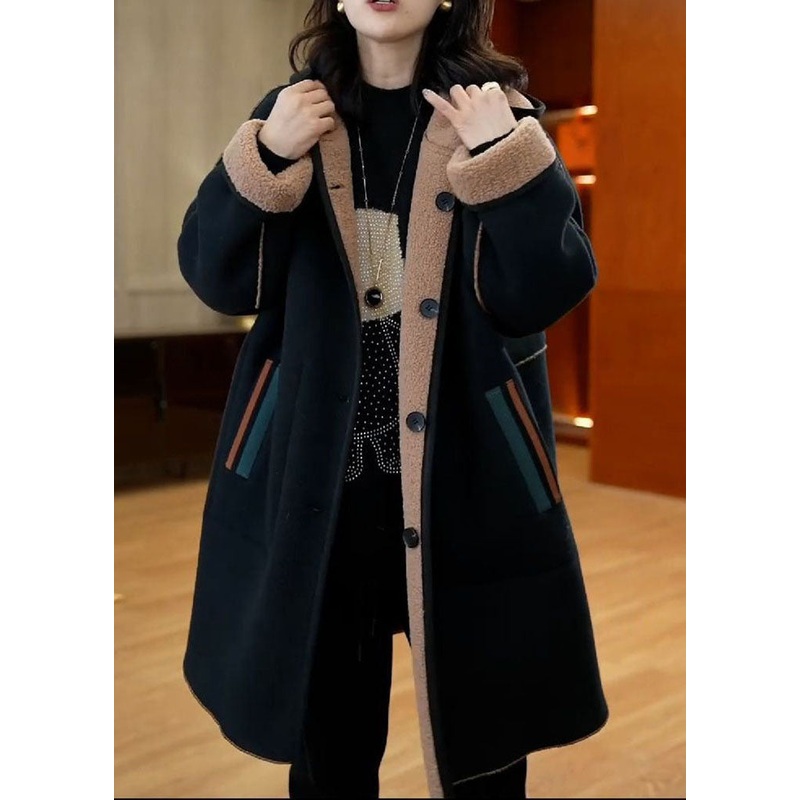 Brief Black Patchwork Button Thick Hoodies Wool Blend Coats Long Sleeve
