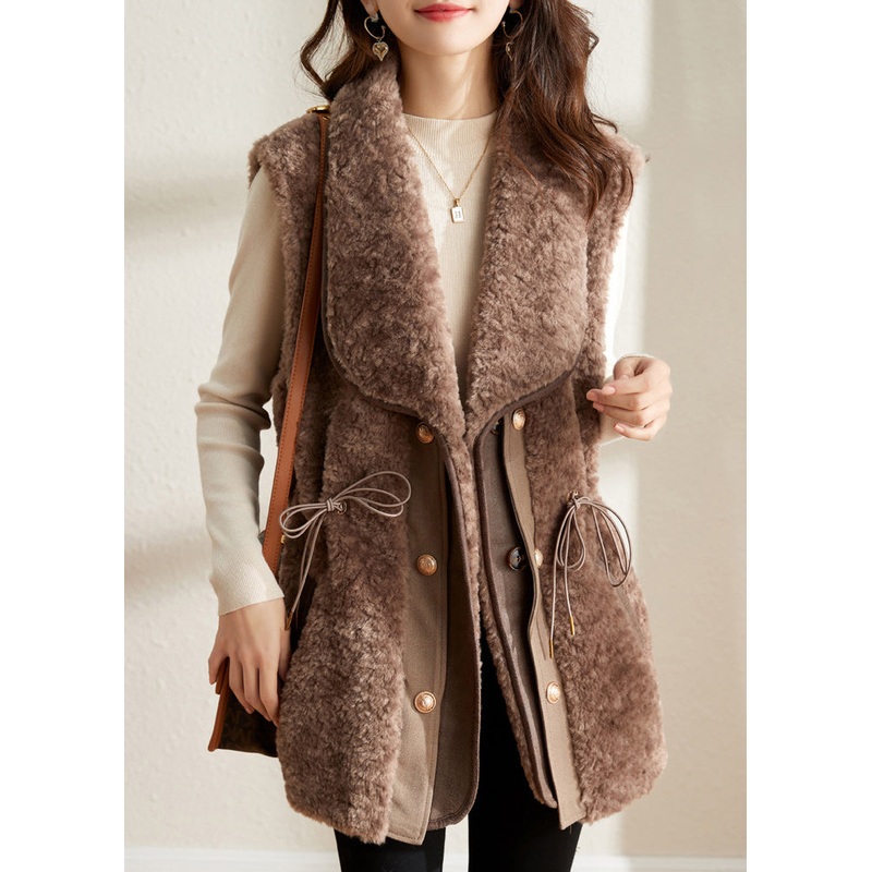 Camel Notched Drawstring Patchwork Thick Faux Fur Waistcoat Fall