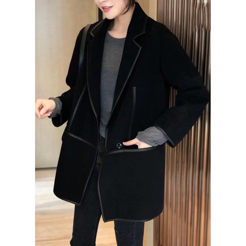 Casual Black Notched Patchwork Pockets Wool Blend Coat Fall