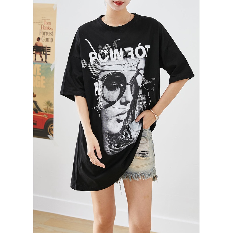 Casual Black Oversized Print Cotton Tank Top Summer