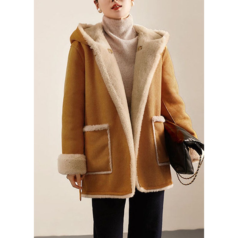 Casual Camel Patchwork Sashes Warm Fleece Wooled Blended Hooded Coat Winter