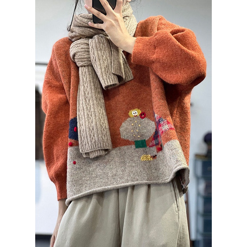 Casual Orange O-Neck Oversized Cartoon Print Knitted Tops