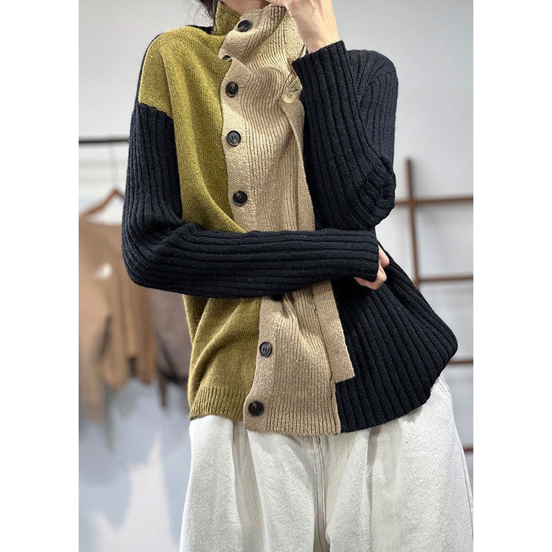 Chic Black High Neck Asymmetrical Design Knit Sweater Tops Winter