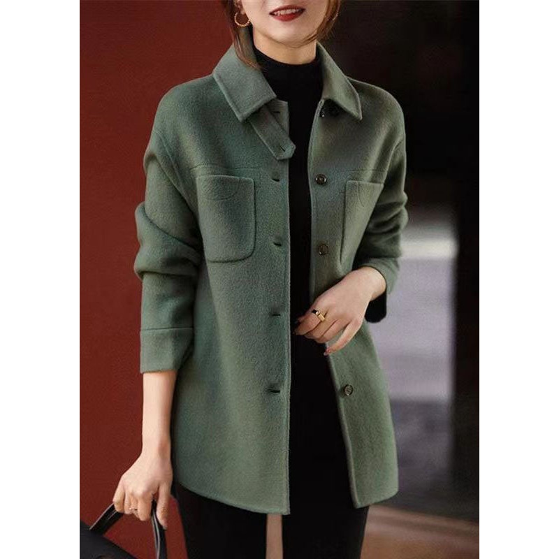 Chic Green Peter Pan Collar Button Pockets Patchwork Woolen Coats Fall