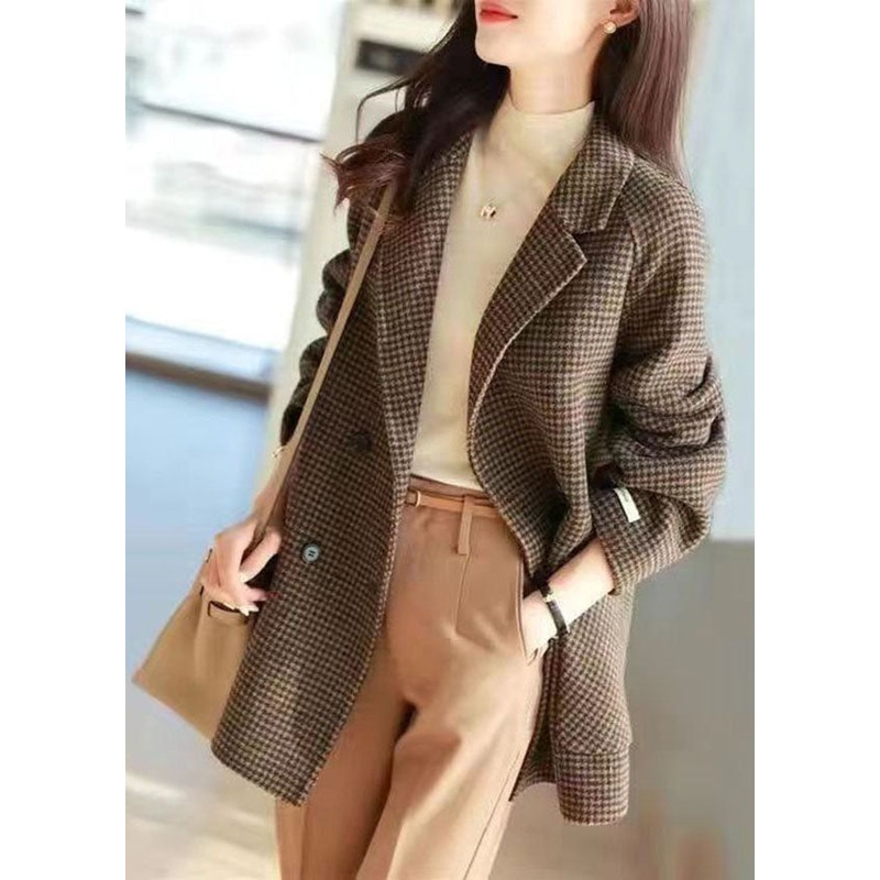 Chic Plaid Notched Pockets Wooled Blend Coats Long Sleeve