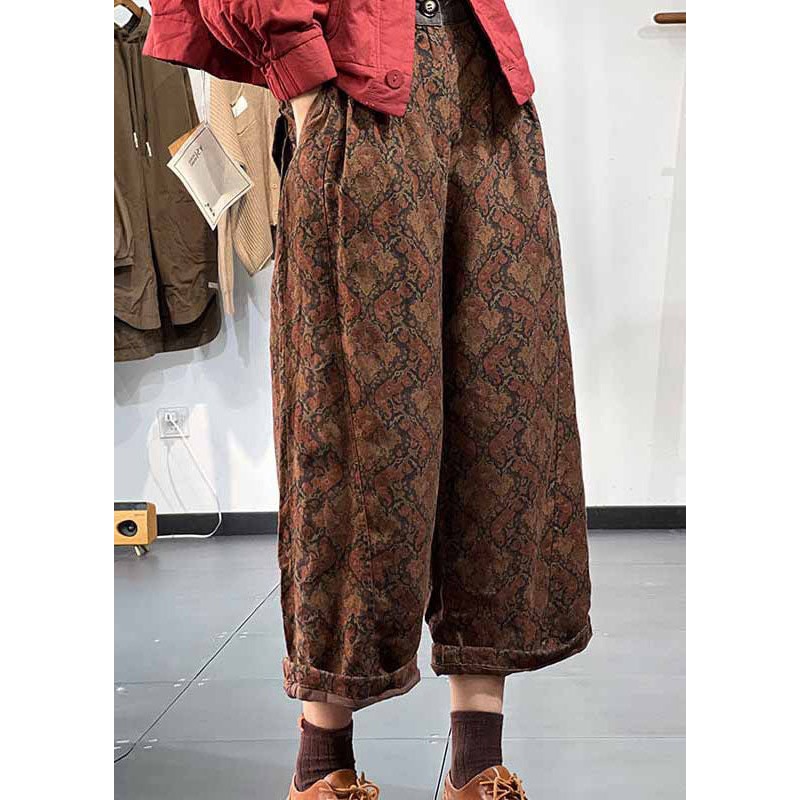 Chocolate Print Fine Cotton Filled Linen Pants Elastic Waist Winter