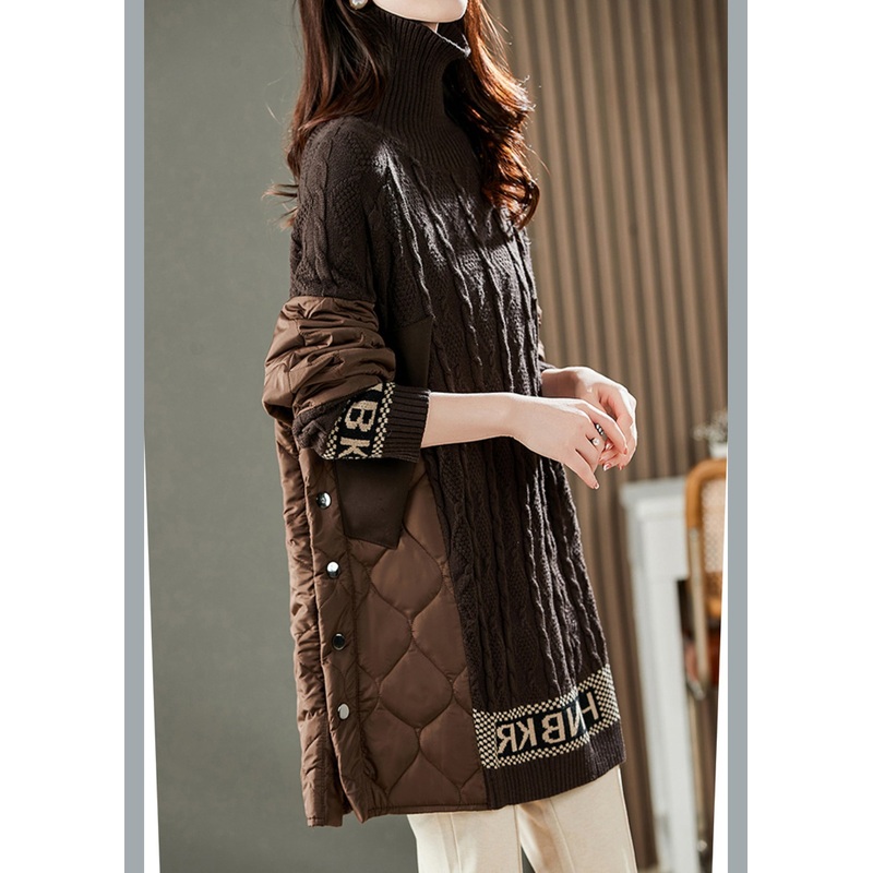 Chocolate Turtleneck Patchwork Side Open Thick Knit Sweater Winter