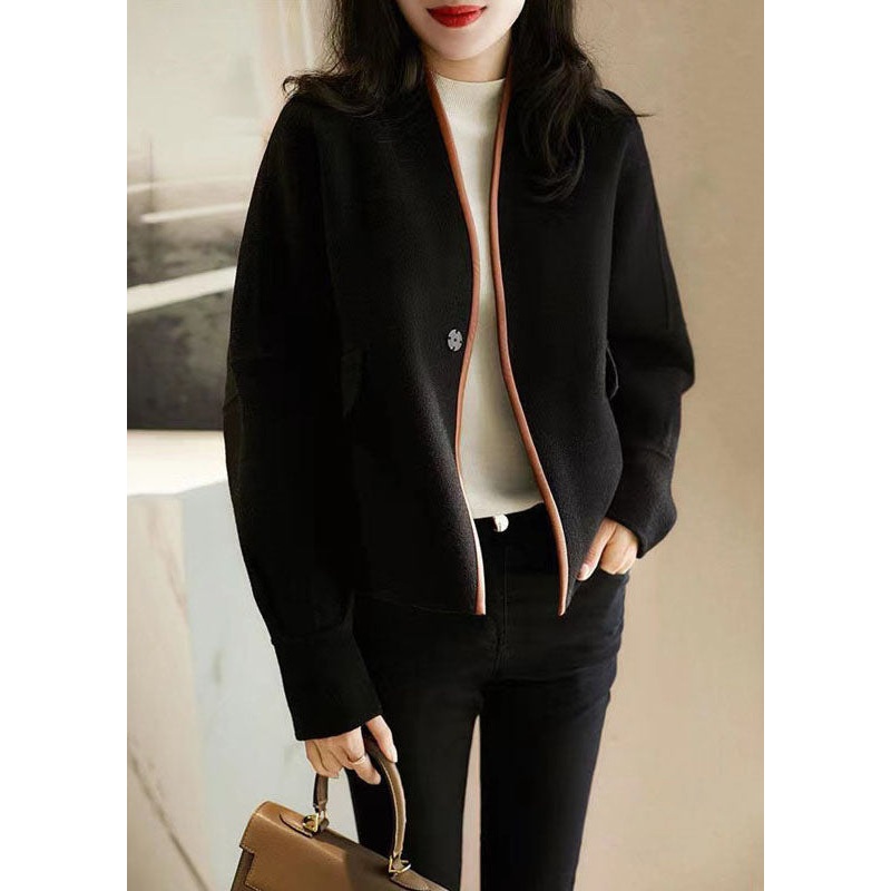 Classy Black V Neck Patchwork Button Wooled Blend Coats Fall