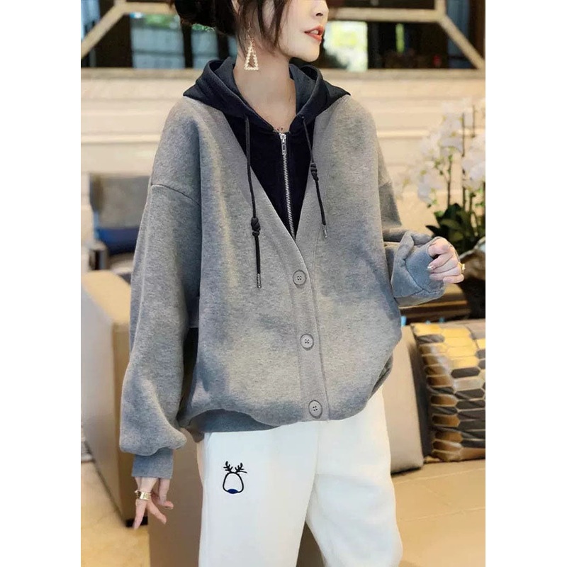 Classy Grey Patchwork Zippered Drawstring Sweatshirts Fall